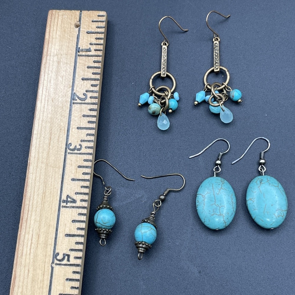 Turquoise Dangle Earrings Lot 3 Pairs Boho Brass Silver Tone Drop - Picture 5 of 5